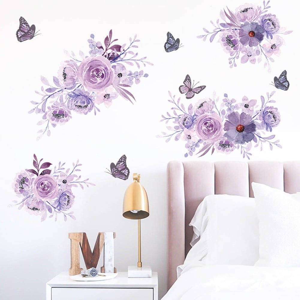 1Pc Peony Flower Wall Decals Purple Floral Butterfly Wall Art Stickers ...