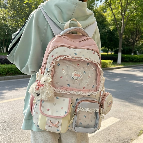 1Pc Pink Sweet Lace Trim Backpack, 17 Inch Kawaii Pin Display Daypack, Water Resistant Notebook Laptop Bag