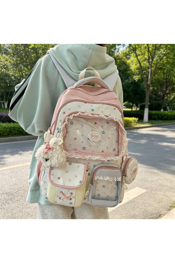 1Pc Pink Sweet Lace Trim Backpack, 17 Inch Kawaii Pin Display Daypack, Water Resistant Notebook Laptop Bag