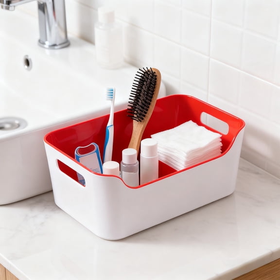 1Pc Plastic Storage Bins, Cabinet Organizer, Kitchen Organization, Pantry Storage Bins, Bathroom Organizer,4X9.5X6.7In(Red)