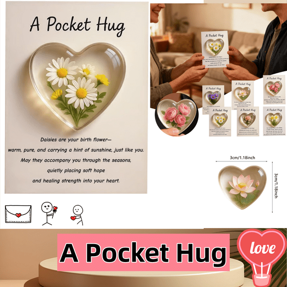 1Pc Pocket Hug Card with Heart Mini Flower, DIY Sentimental Gift for Encouragement Anxiety Relief & Emotional Support, Inspirational Keepsake for Friends, Family & Loved Ones, Valentine's Day Gift(E)