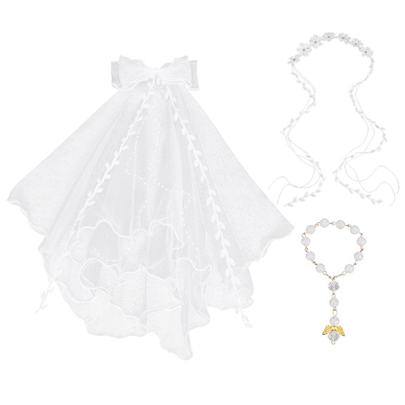 1Pc Polyester Bridal Veils Bowknot with 1Pc Plastic Artificial Flower Headbands 1Pc Plastic Imitation Pearl Charm Bracelets White