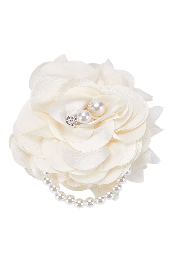1Pc Polyester Flower Brooch with Plastic Imitation Pearl Beaded Chain Lemon Chiffon 90~93x45.5mm