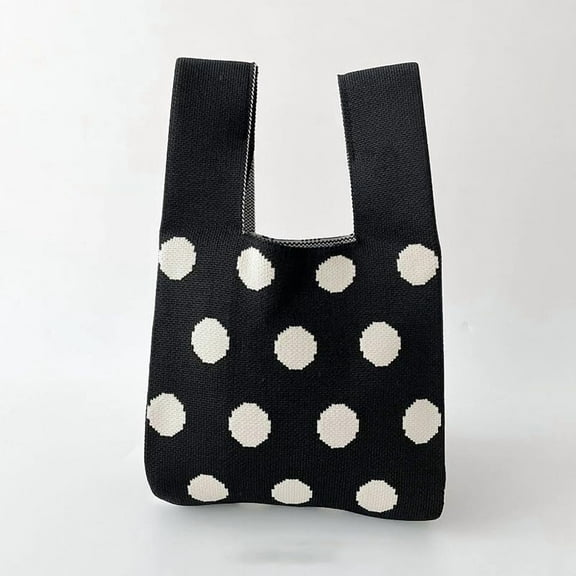 1Pc Polyester Knitted Tote Bag 36x20cm Polka Dot Style Handbag for Women Shopping Travel Daily Use