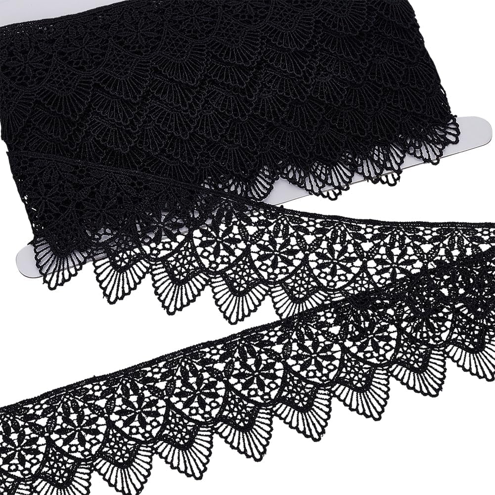 1Pc Polyester Lace Wavy Flower Ribbons for Cloth DIY Making Decor 1Pc Cardboard Display Card Black 2-3/8 inch(60mm) about 6.56 Yards(6m)/Set