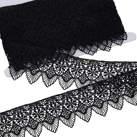 1Pc Polyester Lace Wavy Flower Ribbons for Cloth DIY Making Decor 1Pc Cardboard Display Card Black 2-3/8 inch(60mm) about 6.56 Yards(6m)/Set