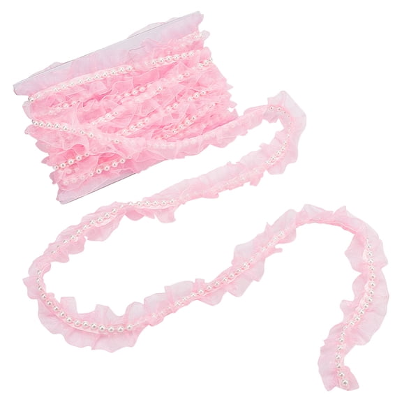 1Pc Polyester Pleated Lace Ribbon Lace Trim with Plastic Imitation Pearl Beads and Thread Bobbins White Cards Pink 1-5/8 inch about 5.47 Yards/pc