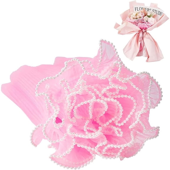 1Pc Polyester Pleated Lace Trim Ruffled Lace Ribbon with Plastic Pearl Edge for Bouquet Decor Hot Pink 10-5/8 inch(270mm) for Handmade