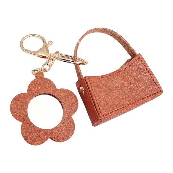 1Pc Portable Imitation Leather Bag Keychain with Flower Mirror Golden Camel 70x65mm