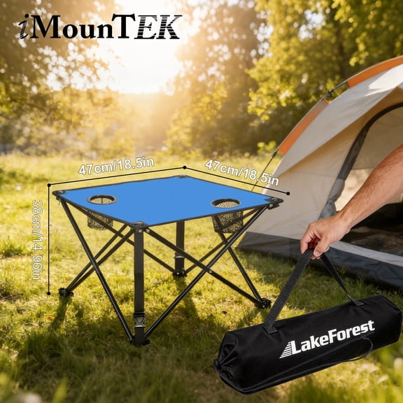 1Pc Portable Mini Picnic Table, Imountek Outdoor Folding Camping Table with 2 Cup Holders Carrying Bag for Picnic Travel Fishing, Blue
