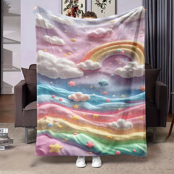 1Pc Rainbow Cloud Flannel Blanket - Soft Plush All-Season Cozy Throw With Pastel Pink, Yellow, Green, Purple, Orange, Red - Christmas Gifts