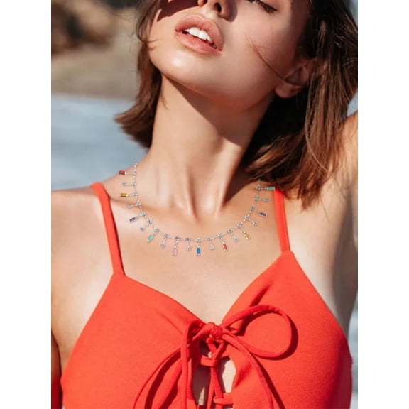 1Pc Rainbow Tassel Rhinestone Necklace Cubic Zriconia Tassel Necklace for Women Elegant Gift 16.85 inch(42.8cm)