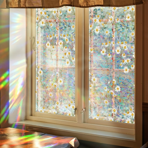 1Pc Rainbow Window Privacy Film, Decorative Daisy Window Clings Sun Blocking Static Cling, Non-Adhesive Window Stickers, for Living Room Bathroom Bedroom, 17" x 39.4", 17" x 78.7"