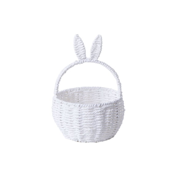 1Pc Rattan Easter Bunny Basket With Handle 7.5"X11" Handmade Wicker Bunny Ears Picnic Basket for Egg Hunt Party Storage Burlap Bow Cute Candy Organizer Spring Party Decor