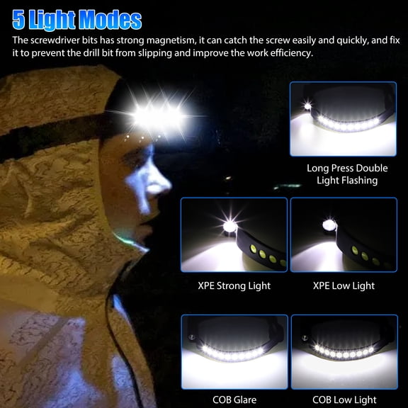 1Pc Rechargeable Headlight Flashlight, Bright Motion Sensor LED Headlamp with USB Cable, 5 Modes Waterproof for Outdoor Running, Camping