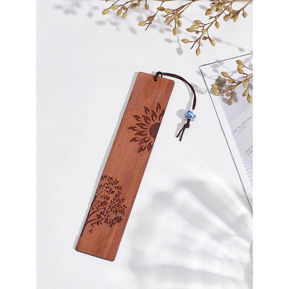 1Pc Rectangle Handmade Natural Wooden Carving Bookmarks with Rope Pendant Sun with Tree Book Mark Gift for Book Lovers Teachers Reader Brown 143x28x2mm