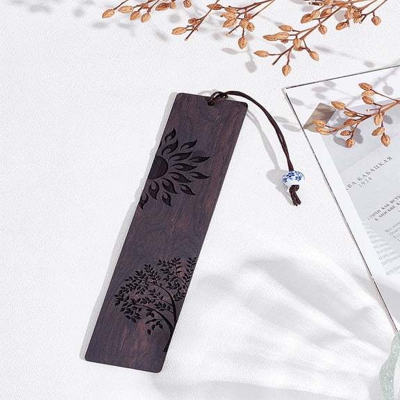 1Pc Rectangle Handmade Wooden Carving Bookmarks with Rope Pendant Sun with Tree Book Mark Gift for Book Lovers Teachers Reader Black