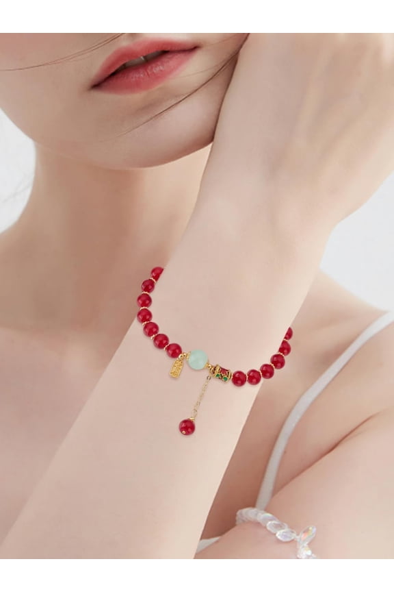 1Pc Red Agate Bracelet Round Natural Red Agate Beaded Bracelets with Alloy Findings Stackable Wristband Set Fashion Statement Jewelry