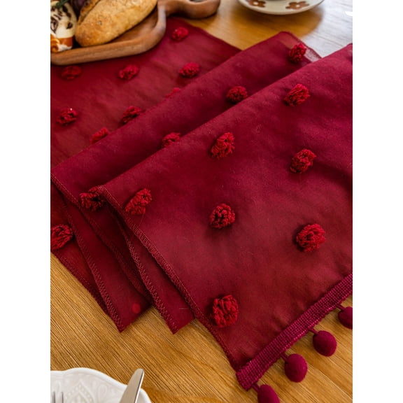 1Pc Red Sheer Mesh Table Runner With Pom Pom Tassel Decor 35x120cm Farmhouse