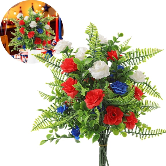 1Pc Red White Blue Artificial Simulation Flower Bouquet Realistic Floral Cluster For Home Dining Table Vase Patriotic Holiday Indoor Decor
