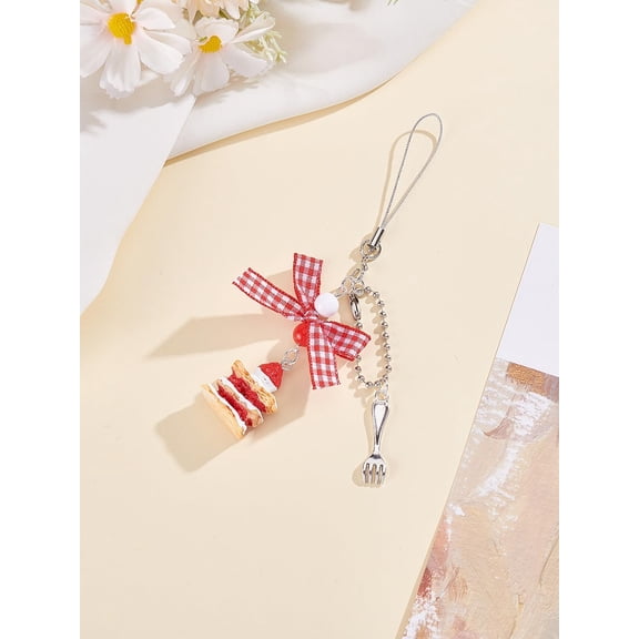 1Pc Resin & Alloy & Polyester Bowknot Mobile Straps Cake Red 130mm handmade