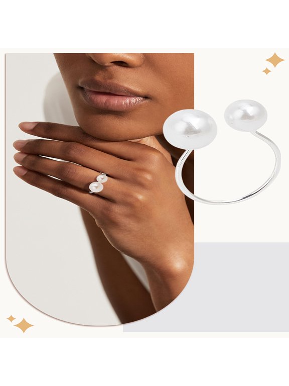 1Pc Resin Imitation Pearl Finger Rings Metal Cuff Rings Round Silver Size 6 3/4(17.1mm) DIY