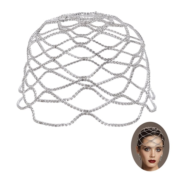 1Pc Rhinestone Mesh Headpiece Cap Iron Head Chain Bridal Party Hair Accessories for Women Girls Silver 215x3.5mm