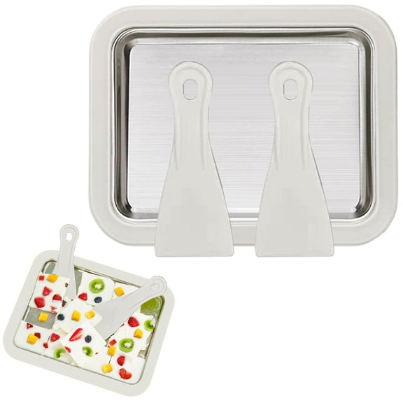 1Pc Rolled Ice Cream Maker Kit,Instant Freeze Plate With 2 Scrapers,Non-Electric Food Grade Stainless Steel Frozen Yoghurt Plate Instant Gelato Pan/Roll,Homemade DIY for Fun Activities Families,White
