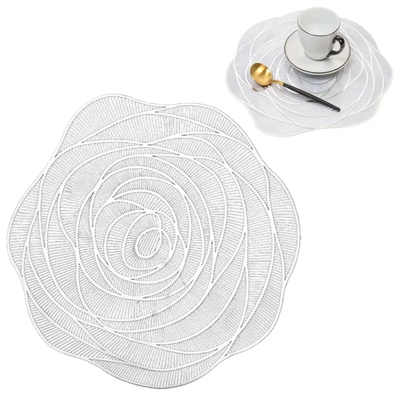 1Pc Round Gold Pressed Vinyl Placemats,15 In Metallic Non-Slip Washable Pvc Chargers Placemat for Dining Table,Wedding,Party, Rose Flower Shape,Rose Flower Pressed Vinyl Place Mats Elegant Tablemats