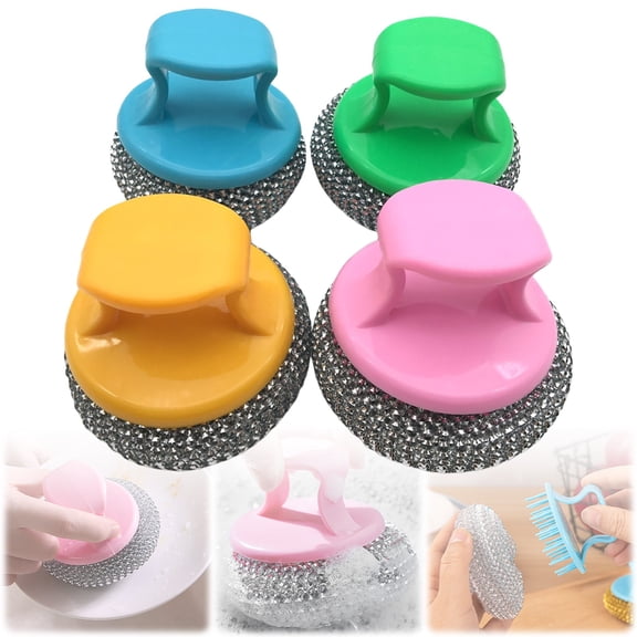 1Pc Scrubber With Handle Steel Wool Scrubber For Kitchen Sink,Plastic Yellow