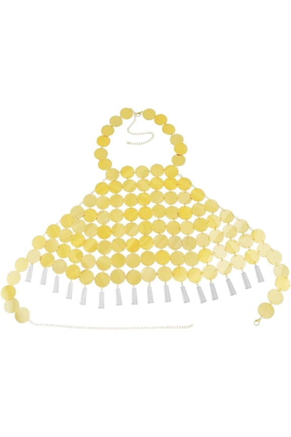 1Pc Sequin Body Chain Top Gold Tassel Outfit Glitter Halter Backless Crop Top Plastic Summer Beach Sexy Jewelry Chest Chains Bra Hollow Out Bikini Tops for Women Nightclub Rave Party for DIY