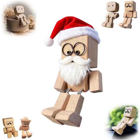 1Pc Shaking Feet Wooden Doll, Handcrafted Shaking Wooden Man Figurine with Spring Legs and Santa Hat, Charming Little Wooden Man Figure for Car Dashboard Decorations, Christmas Decor, 2.36"
