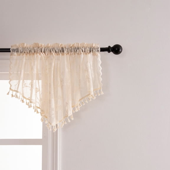 1Pc Sheer Valance for Small Lace Drape Curtain with Tassels Decorative Window Swag for Kitchen Living Room
