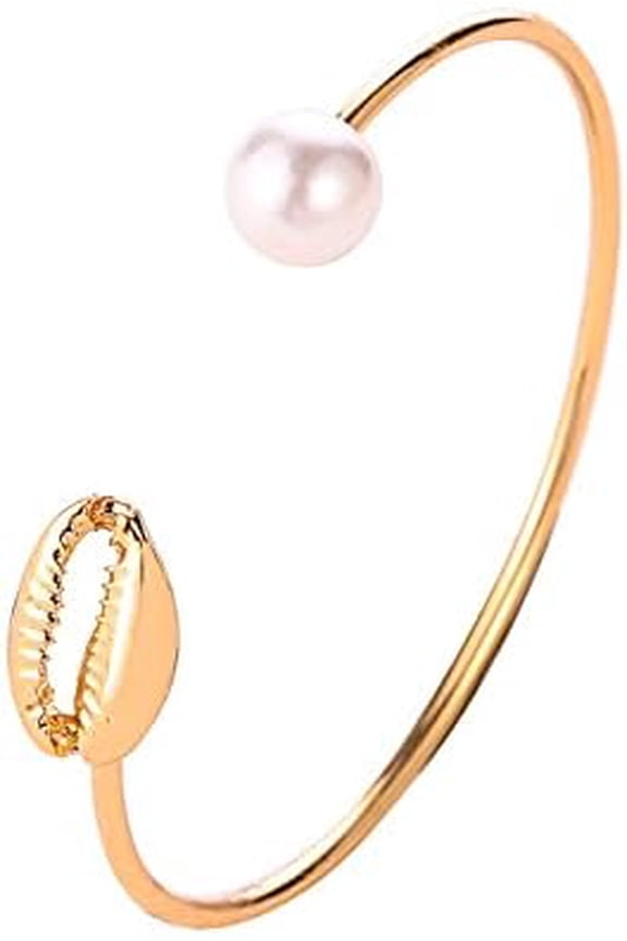 1Pc Shell Shape Alloy Cuff Bangles Torque Bangles for Women with Shell Pearl Round Bead Light Gold Inner Diameter: 2-1/2x1-3/4 inch(6.25x4.3cm)
