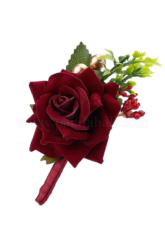 1Pc Silk Brooch with Plastic Imitation Flower for Wedding Party Decorations Rose Dark Red 109x78x45mm Pin: 0.7mm