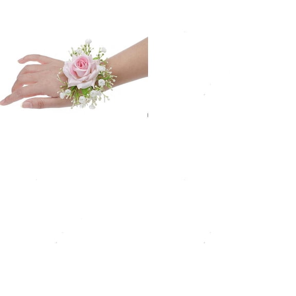 1Pc Silk Cloth Imitation Rose Wrist Corsage Hand Flower for Bride or Bridesmaid Wedding Party Decorations Pearl Pink 100x90mm DIY