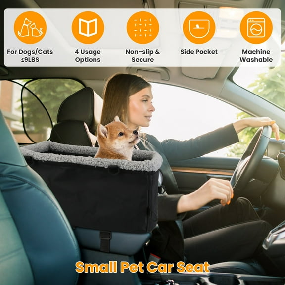 1Pc Small Dog Car Cotton Velvet Seat W/ Harness Side Pocket For Dogs Cats Up To 9LBS, Center Console Pet Booster Cushion Travel Car Seat