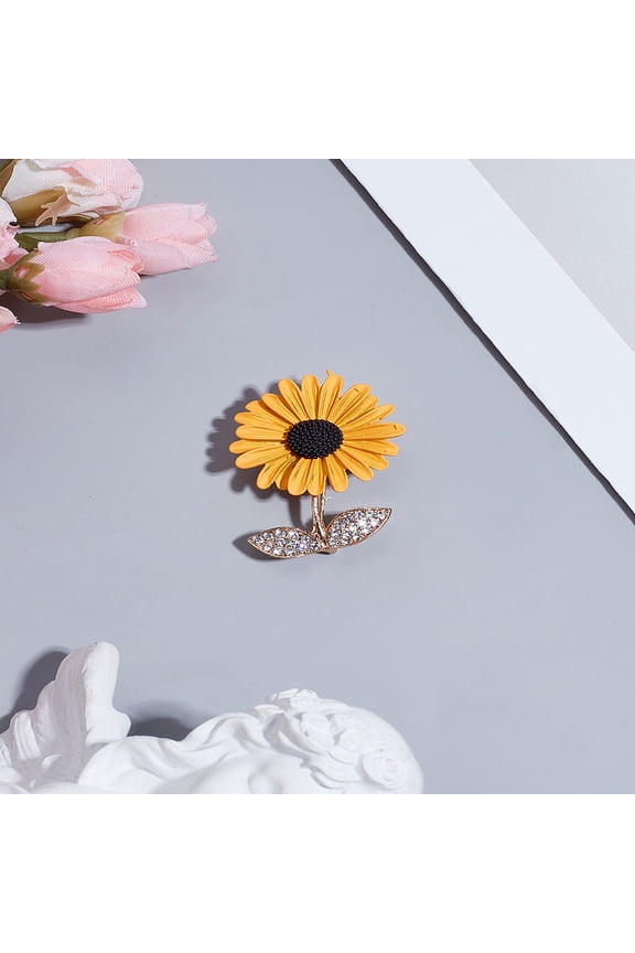1Pc Spray Printed Alloy Rhinestone Brooches Sunflower Pins Golden 34x24.5x6.5mm for DIY