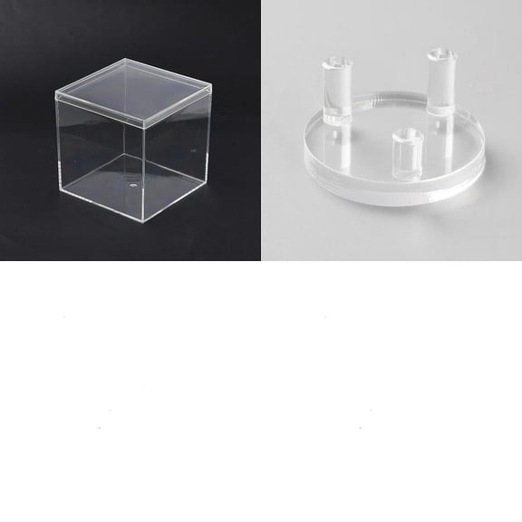 1Pc Square Plastic Display Cases with Lid with 1Pc Acrylic Base Display Easel Clear Box: 10x10x10cm