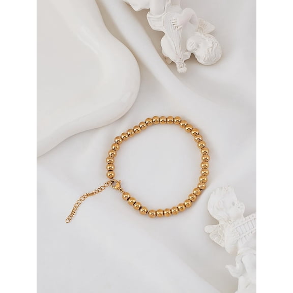 1Pc Stainless Steel Ball Beads Bracelets for Women Real 18K Gold Plated 7-1/8 inch(18cm)