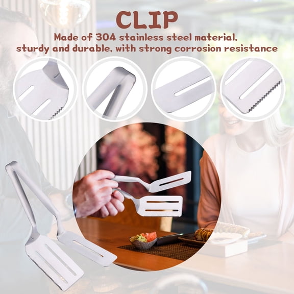 1Pc Stainless Steel Grill Clamp, Anti-Scald Extended Handle Spatula Tongs, Multi-Functional Stainless Steel Barbecue Clamp Food for Grilling Meat, Flipping Fish and Pancakes with Non-Slip Grip