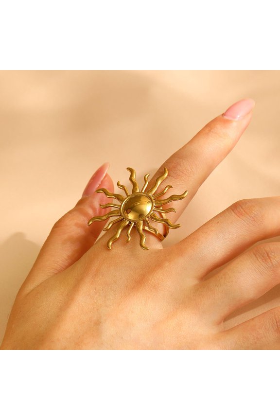 1Pc Stainless Steel Open Cuff Finger Rings Golden Sun 39.5x36.5mm DIY