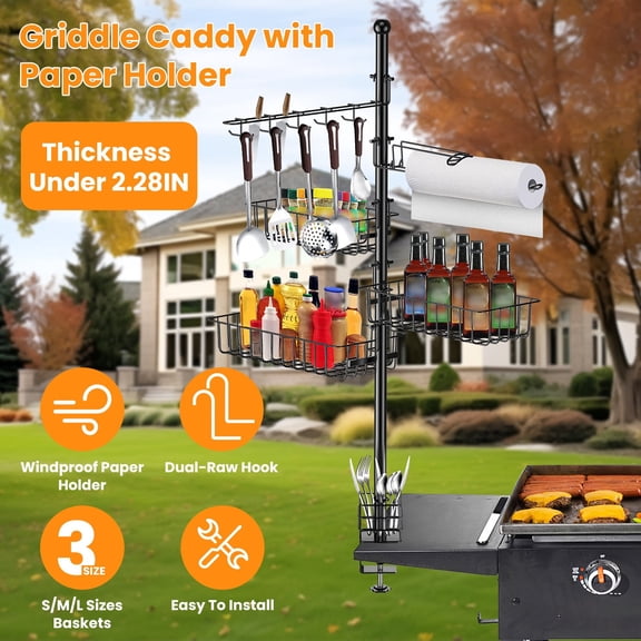 Griddle Caddy with Paper Towel Holder Hooks Baskets Vertical BBQ Accessories Storage Rack for Blackstone Griddle Outdoor