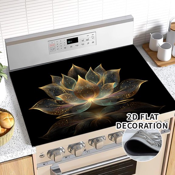 1Pc Stove Top Covers for Electric Stove, 20x28 Inch Gold Lotus Stove Top Cover Protector, Induction Cooktop Protector, Heat Resistant Range Ceramic Stove Top Mat, Dish Drying Mat