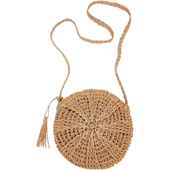 1Pc Straw Shoulder Bag for Women Cotton Summer Beach Straw with Tassel for Travel Vacation (Tan) Mixed Color