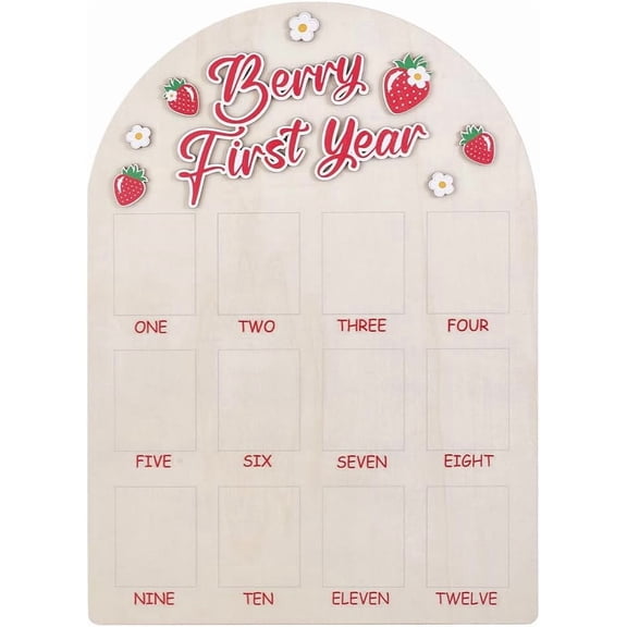 1Pc Strawberry First Year Photo Board 12 Months Photo Display Frame One Year Old Pictures Display Wood Board Monthly Milestone Frame
