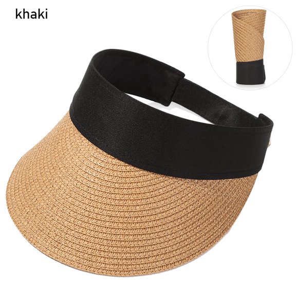 1Pc Summer Wide Brim Beach Hat Casual Portable Straw Cap Foldable Visors Outdoor Sun Protection Hat for Women Solid Color Summer Empty Top Suncap Portable Foldable Magic Tape Roll-up Beach Hat Casual