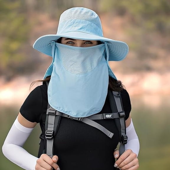 1Pc Sun Hats, Fishing Hat, 0  Breathable Wide Brim Summer UV Protection Hat for Women with Visor and Neck Flap, Blue