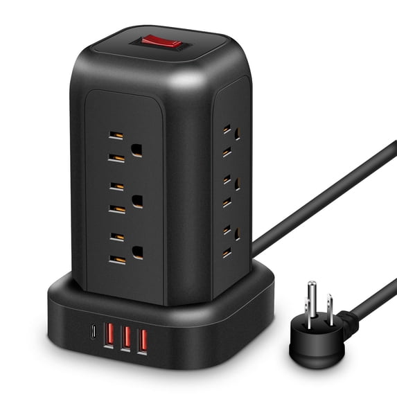 1Pc Surge Protector Power Bar Tower with 3 USB Type C Ports, 5ft Extension Cable with 12 Ac Multi-Sockets Power Tower, Overload Protection for Home Room Office and Dormitory