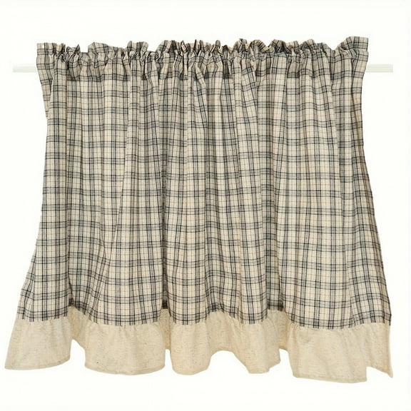 1Pc Tian Zi Grids Linen Ruffled Short Curtain with Rod, Suitable for Restaurant Cafe Balcony Partition Decorative Curtain, American Country Retro Kitchen Living Room Half Curtain Coffee Curtain